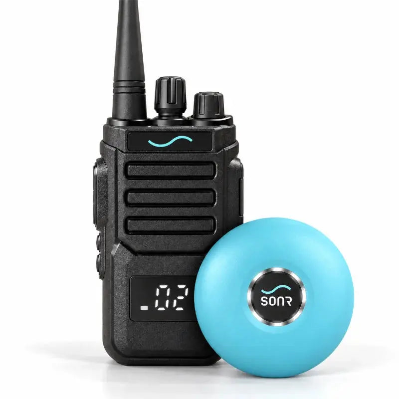 SONR swimming coach radio with 1 light blue receiver