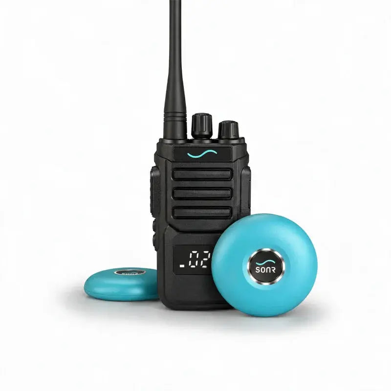 SONR swimming coach radio with 2 light blue receivers