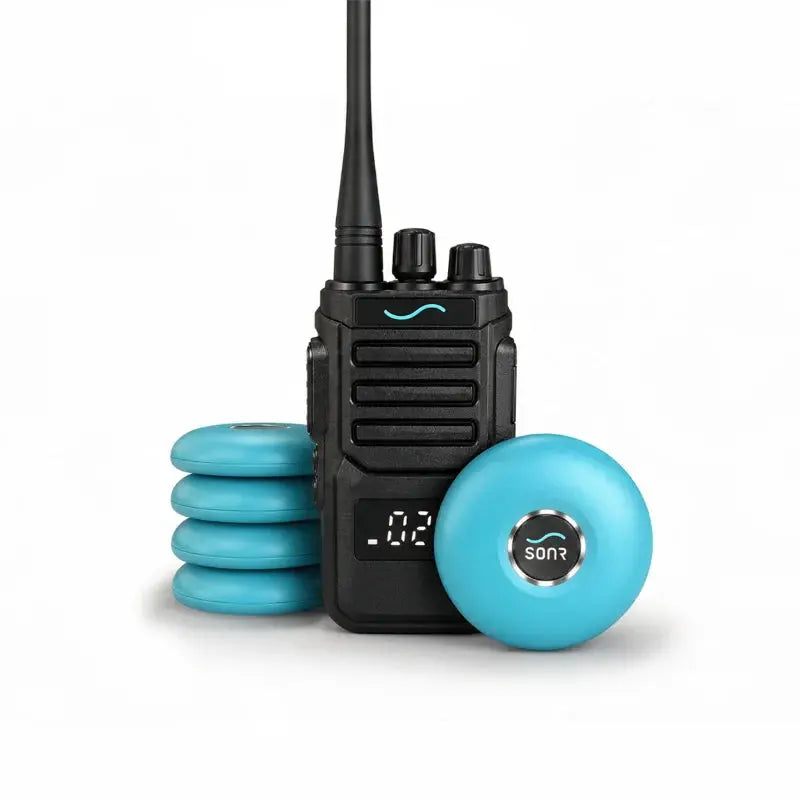 SONR swimming coach radio with 5 light blue receivers