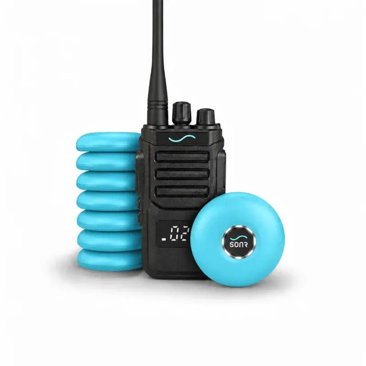 SONR swimming coach radio with 8 light blue receivers