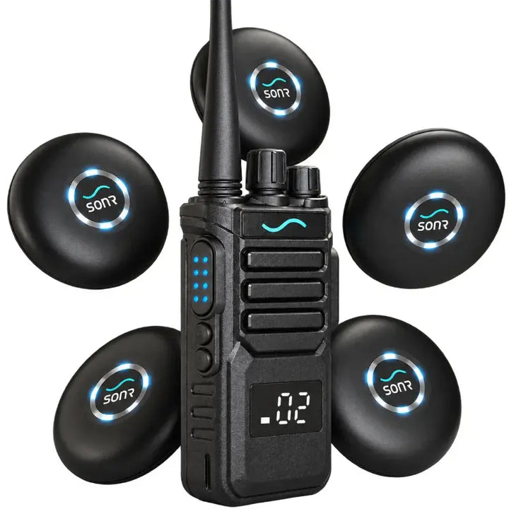 SONR coach radio with 5 swimmer receivers close up