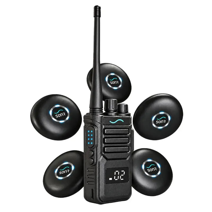 SONR coach radio with 5 black swimmer receivers