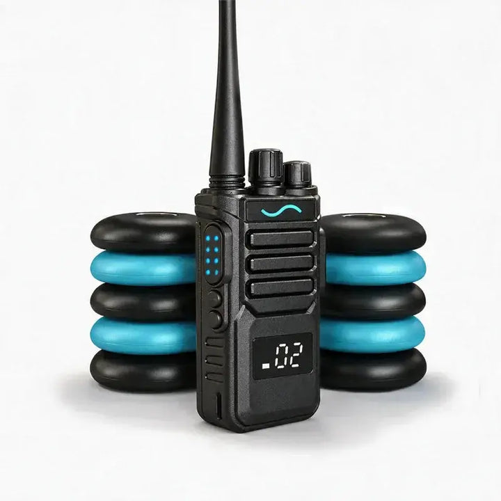 SONR swimming coach radio with black and light blue receivers