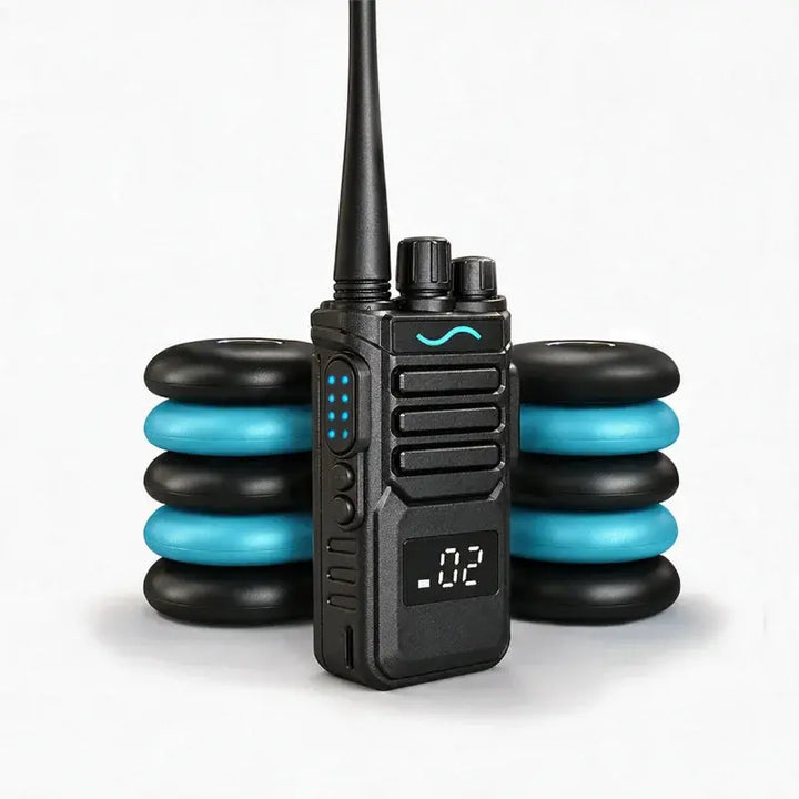 SONR swimming coach radio with black and light blue receivers