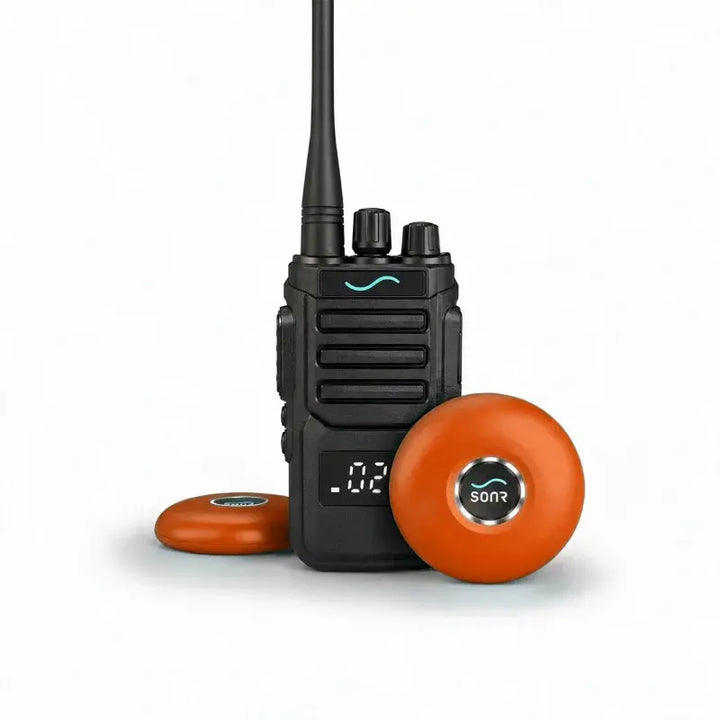 SONR swimming coach radio with 2 orange receivers