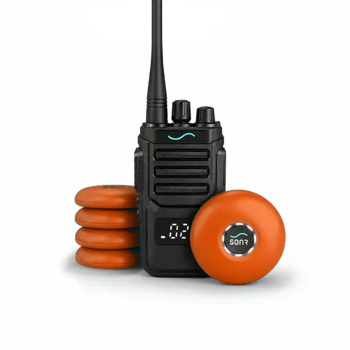 SONR swimming coach radio with 5 orange receivers