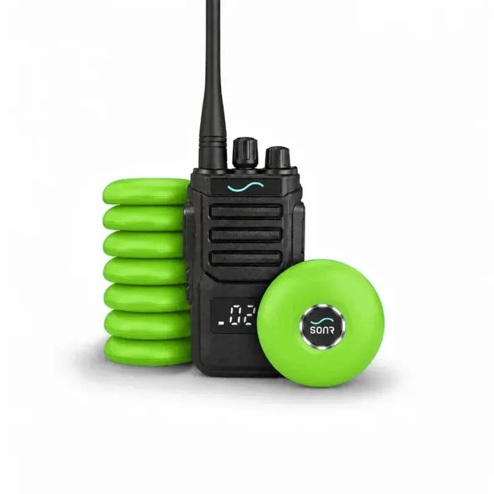 SONR swimming coach radio with 8 green receivers