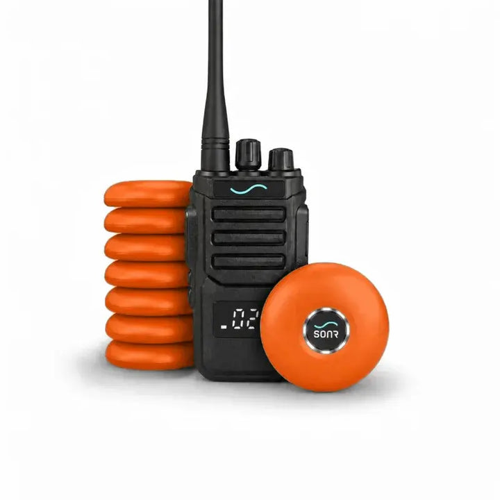 SONR swimming coach radio with 8 orange receivers