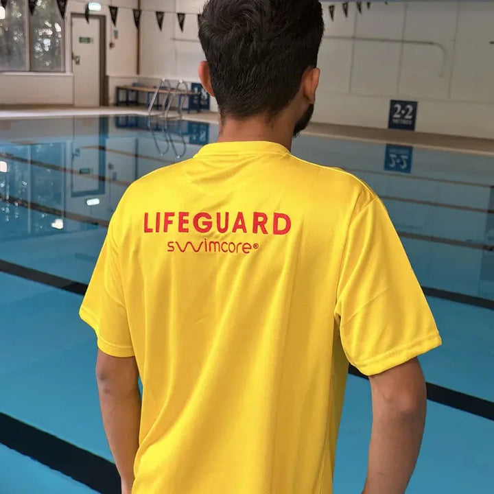 Full back view of the yellow pool lifeguard t-shirt