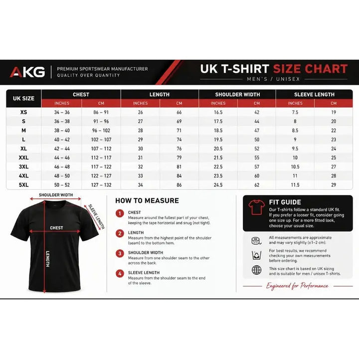 Yellow lifeguard t-shirt UK size chart with chest, length, shoulder and sleeve measurements